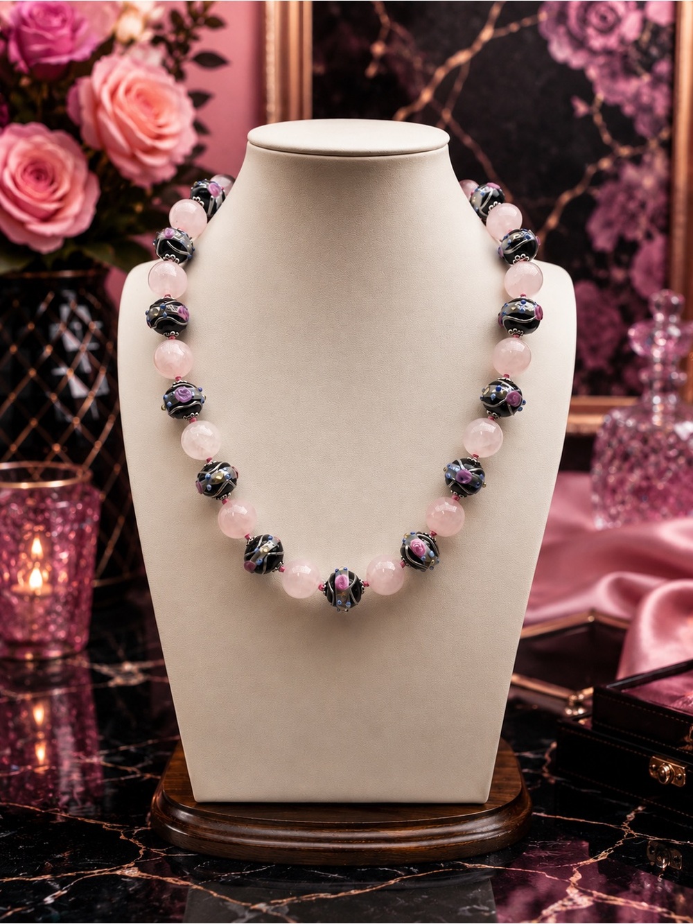 #1 Black Silver Wedding Cake Rose Quartz Necklace 20 In Hand Knotted Aprilsplace